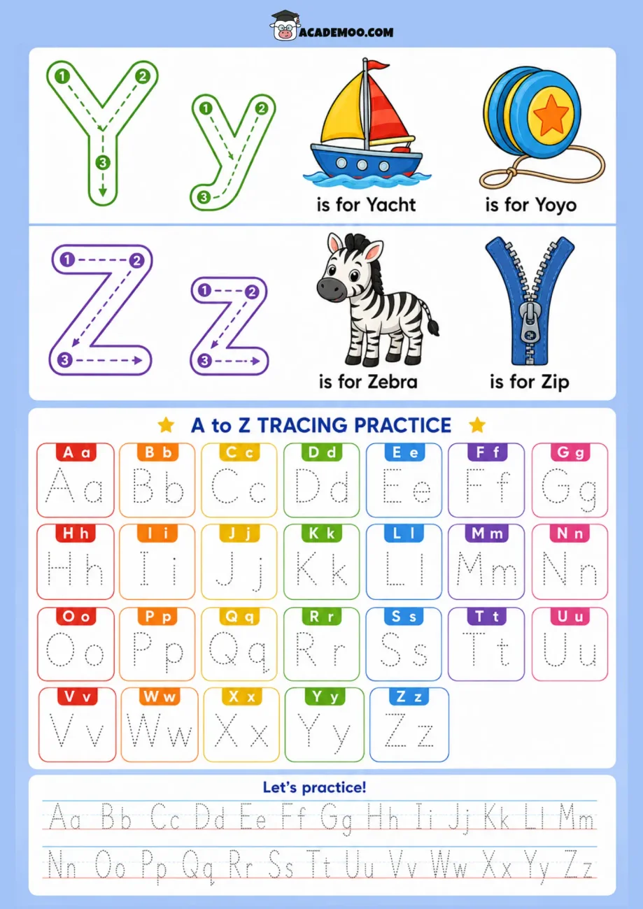 A to Z Tracing Practice worksheet pre-k language arts printable PDF · Printable a to z tracing practice worksheet for Pre-K.