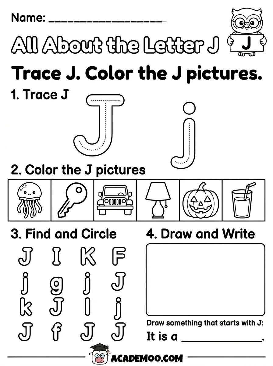 All About the Letter J worksheet kindergarten language arts printable PDF · Free printable All About the Letter J worksheet for Kindergarten.