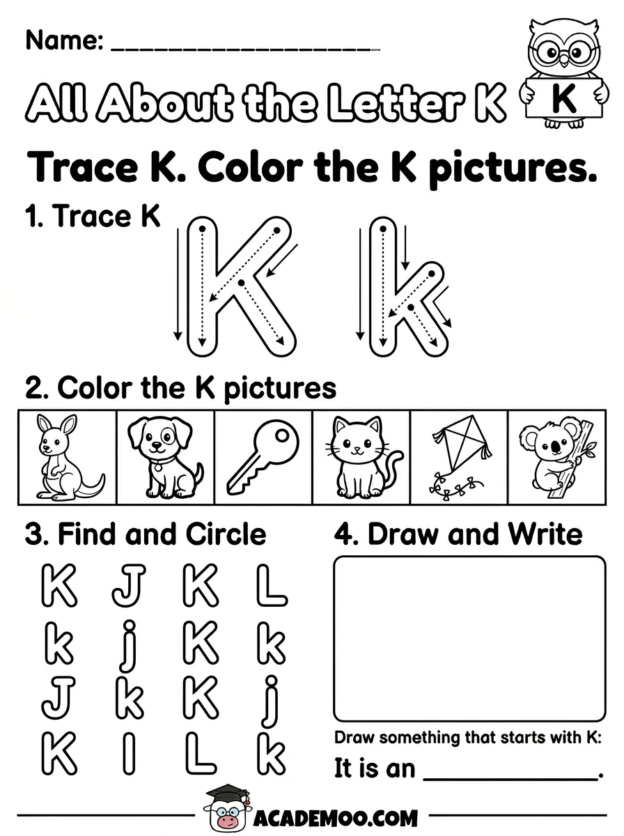 All About the Letter K worksheet kindergarten language arts printable PDF · Free printable All About the Letter K worksheet for Kindergarten.