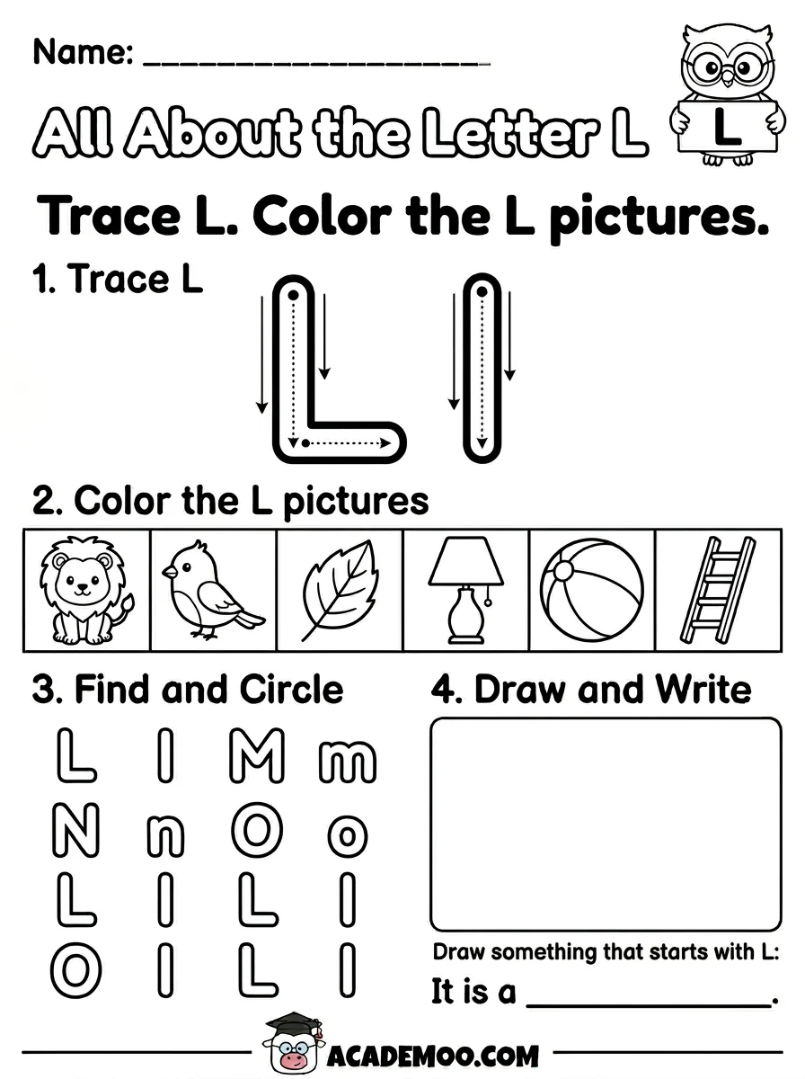 All About the Letter L worksheet kindergarten language arts printable PDF · Free printable All About the Letter L worksheet for Kindergarten.