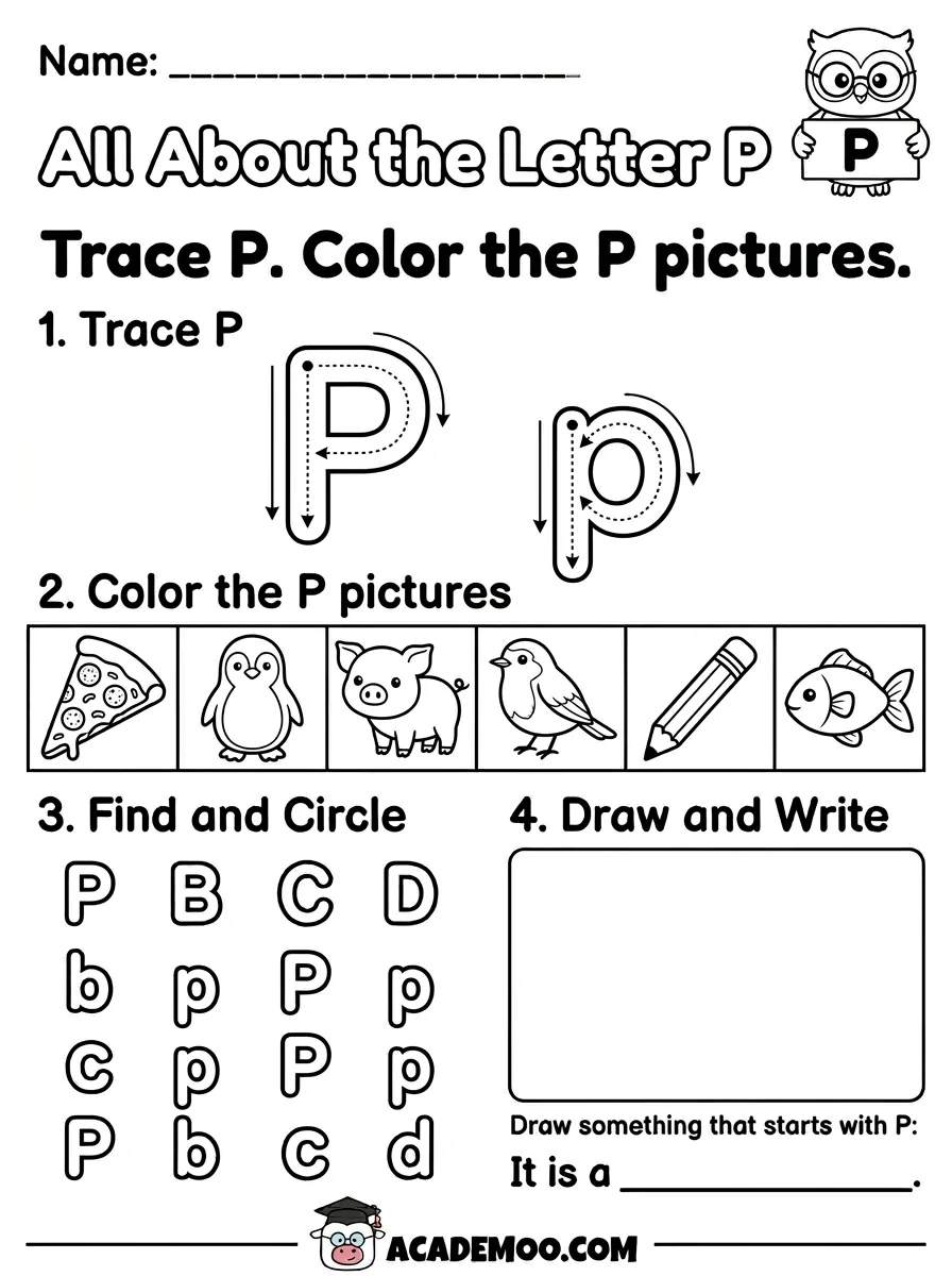 All About the Letter P worksheet kindergarten language arts printable PDF · Free printable All About the Letter P worksheet for Kindergarten.