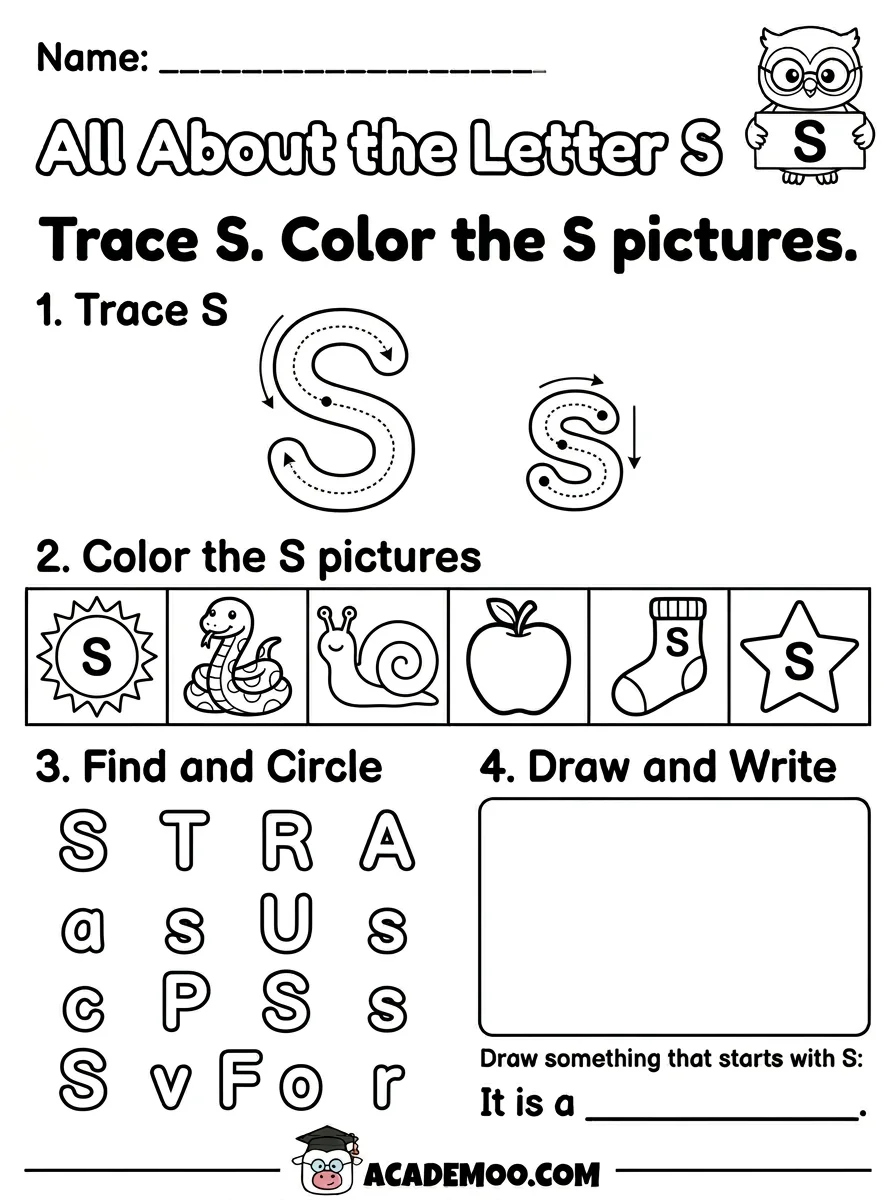 All About the Letter S worksheet kindergarten language arts printable PDF · Free printable All About the Letter S worksheet for Kindergarten.