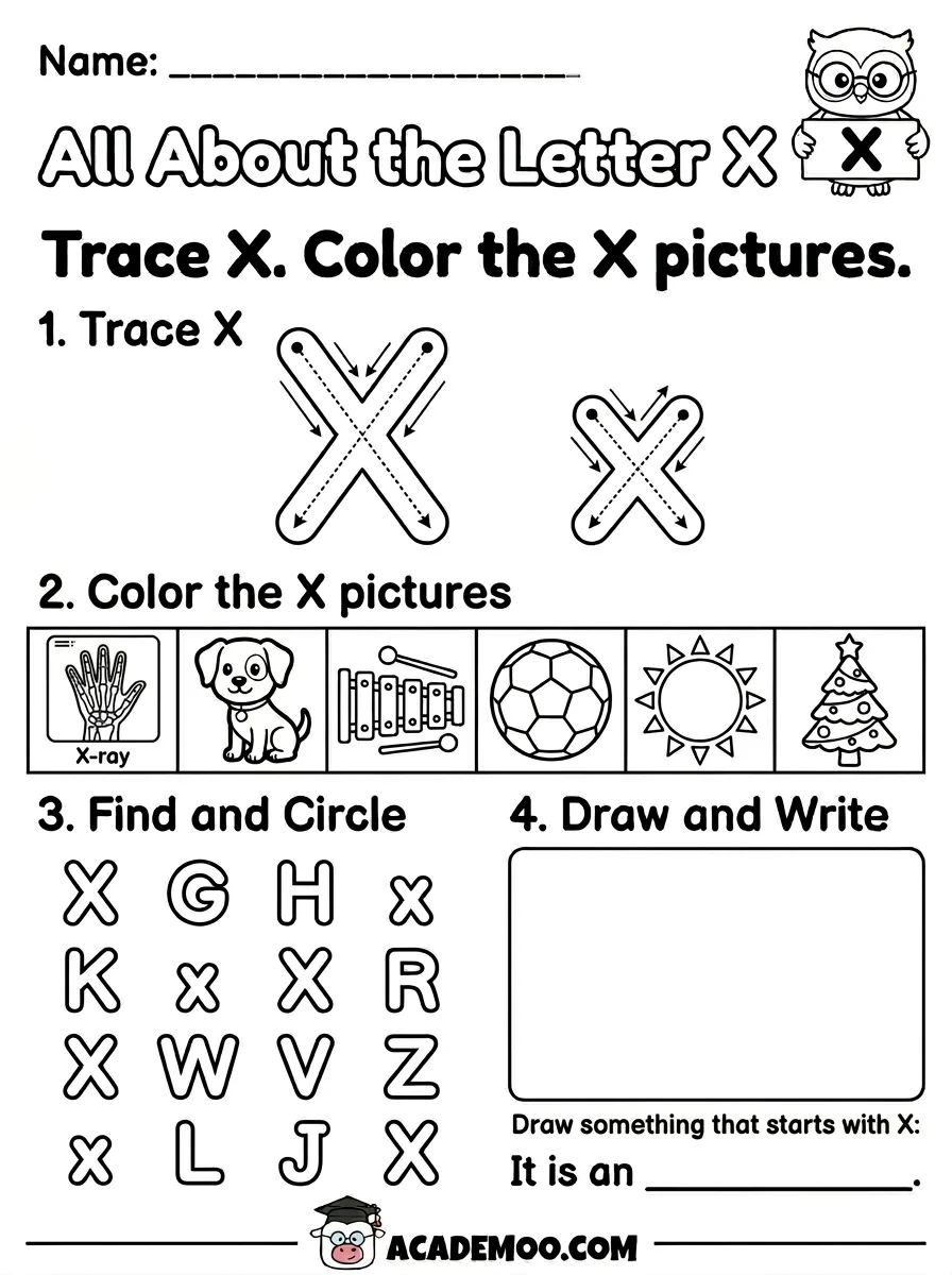 All About the Letter X worksheet kindergarten language arts printable PDF · Free printable All About the Letter X worksheet for Kindergarten.
