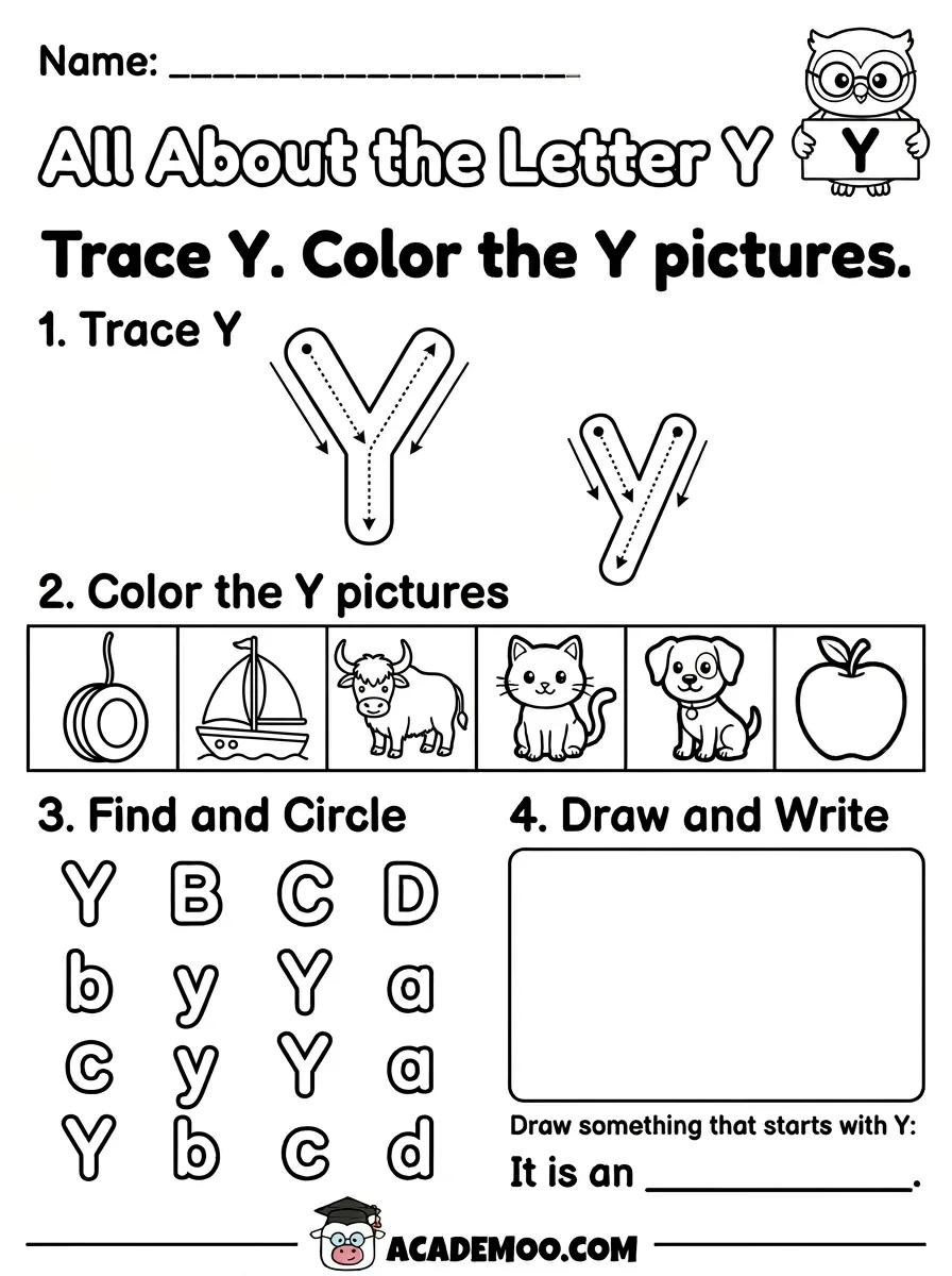 All About the Letter Y worksheet kindergarten language arts printable PDF · Free printable All About the Letter Y worksheet for Kindergarten.