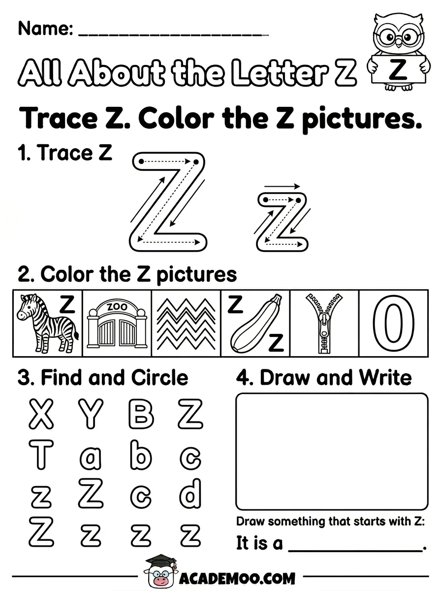 All About the Letter Z worksheet kindergarten language arts printable PDF · Free printable All About the Letter Z worksheet for Kindergarten.