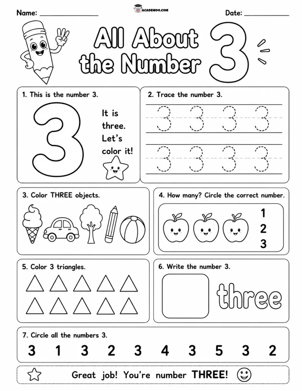 All About the Number 3 worksheet pre-k math printable PDF · Printable all about the number 3 worksheet for Pre-K.