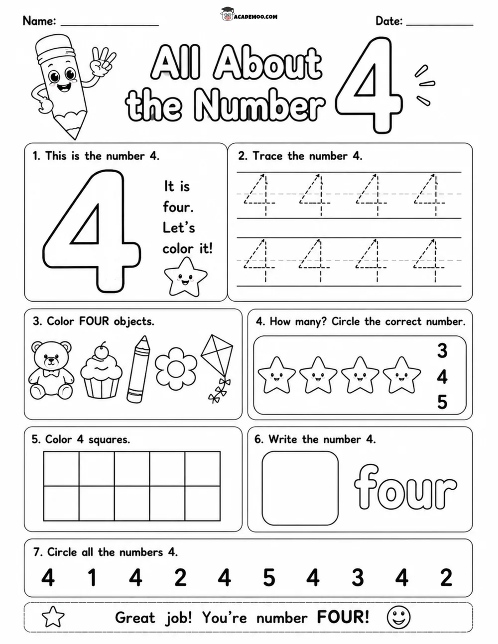 All About the Number 4 worksheet pre-k math printable PDF · Printable all about the number 4 worksheet for Pre-K.