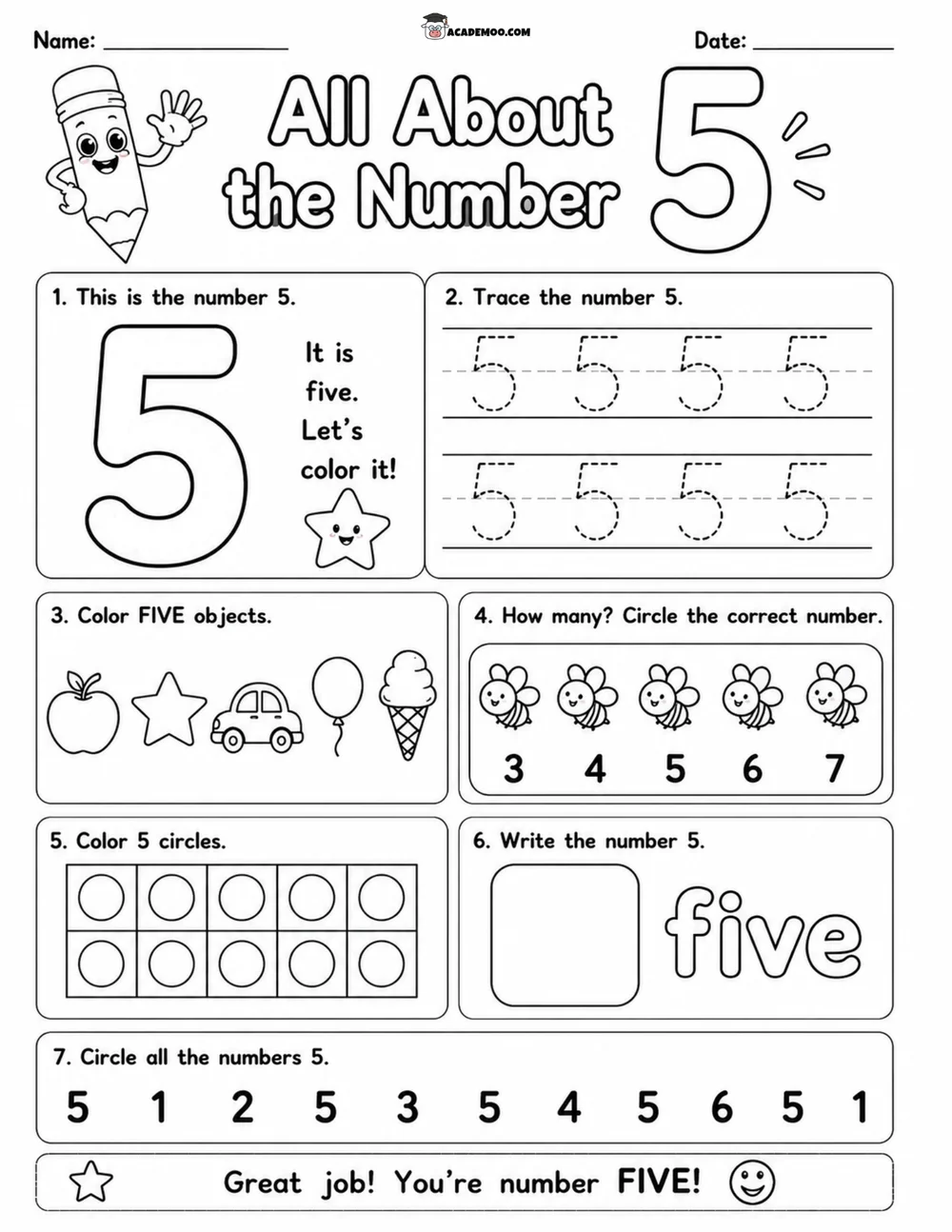 All About the Number 5 worksheet pre-k math printable PDF · Printable all about the number 5 worksheet for Pre-K.