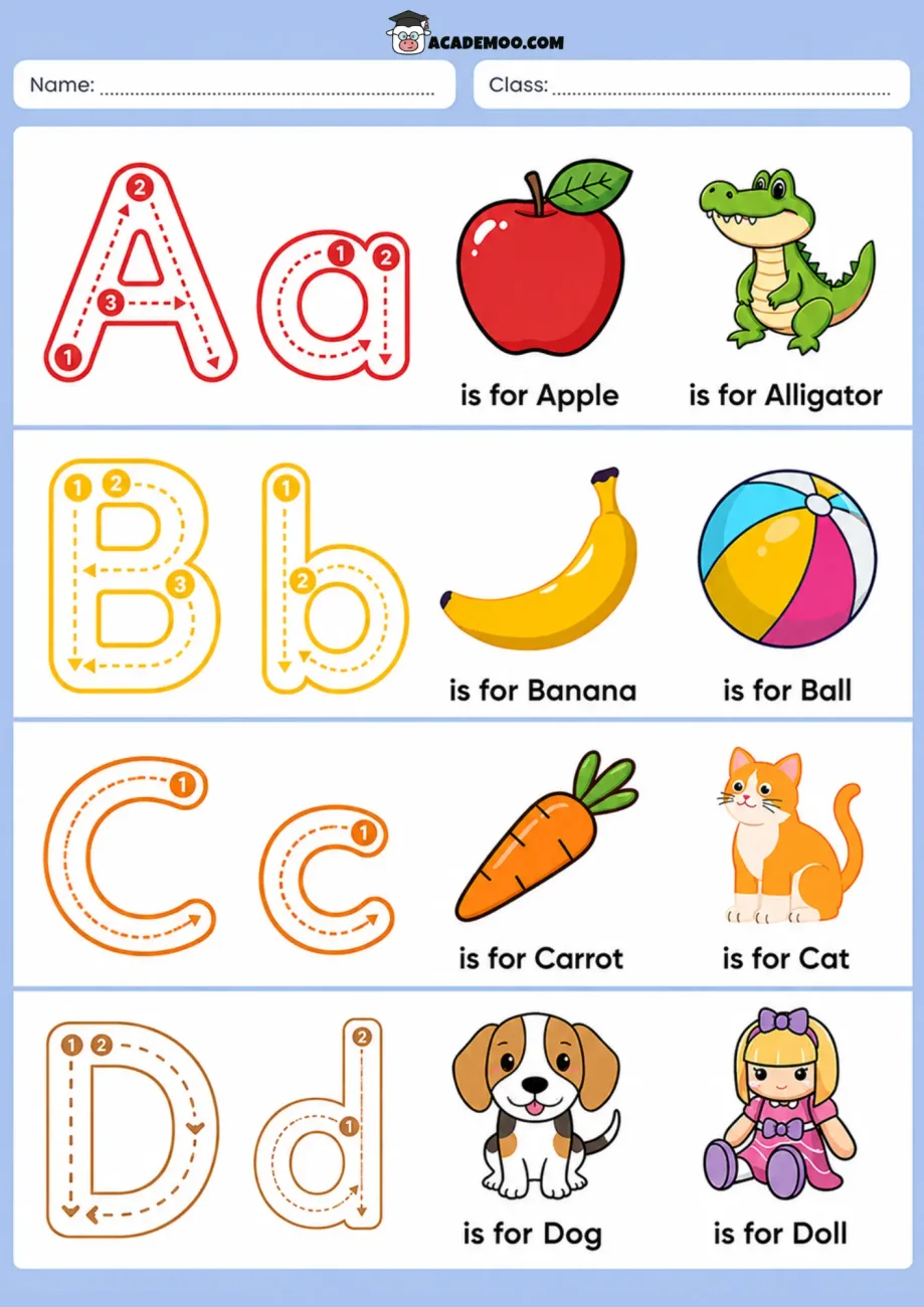 Alphabet Trace A-D worksheet pre-k language arts printable PDF · Printable alphabet trace a-d worksheet for Pre-K.