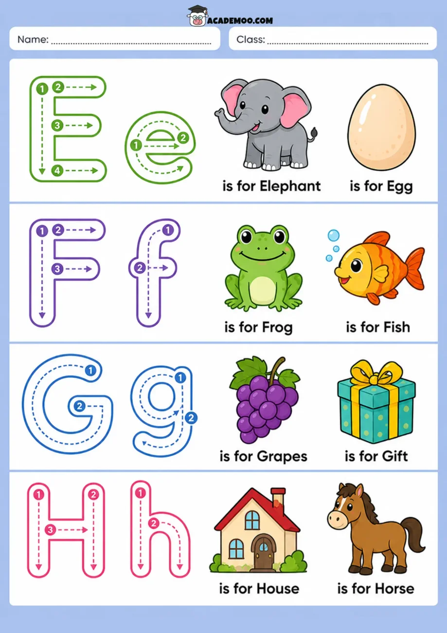 Alphabet Trace E-H worksheet pre-k language arts printable PDF · Printable alphabet trace e-h worksheet for Pre-K.
