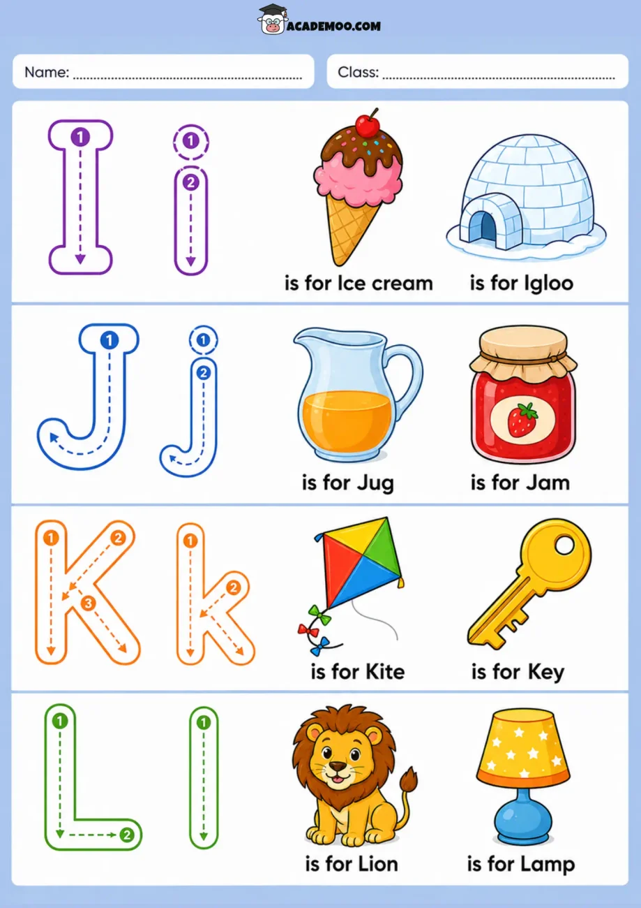Alphabet Trace I-L worksheet pre-k language arts printable PDF · Printable alphabet trace i-l worksheet for Pre-K.