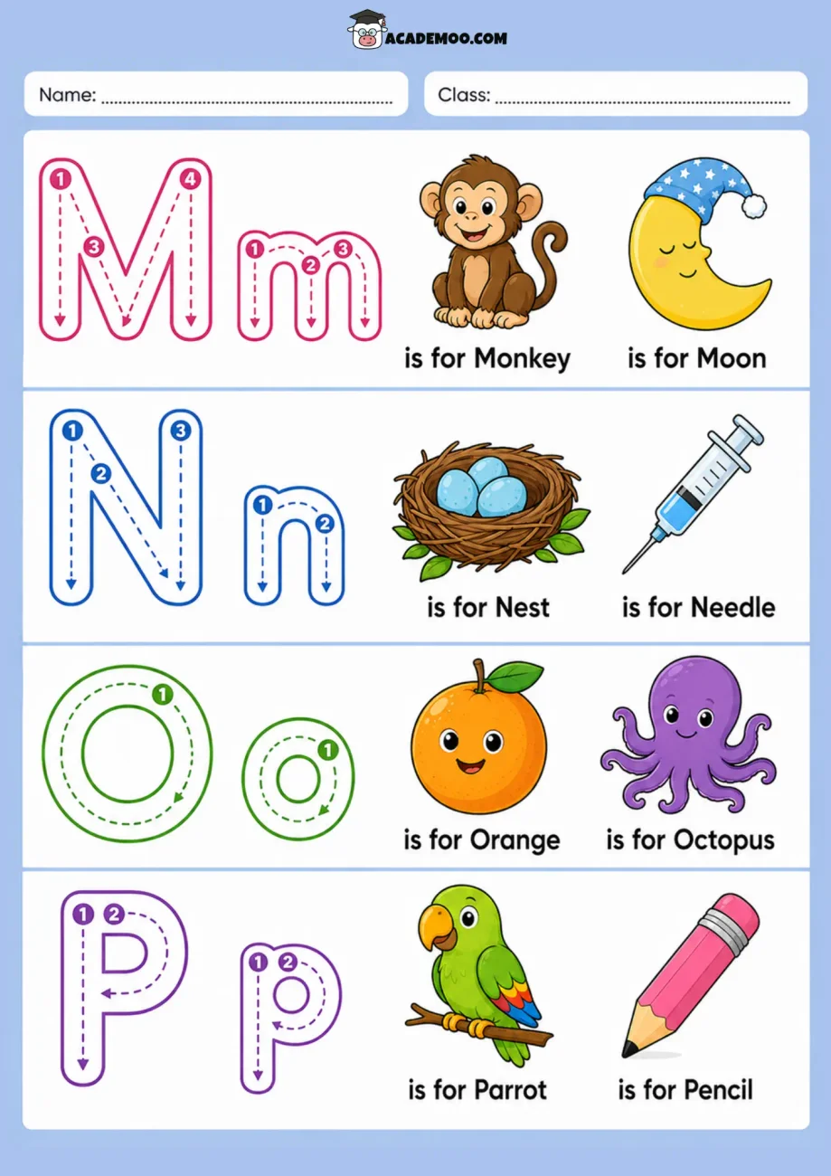 Alphabet Trace M-P worksheet pre-k language arts printable PDF · Printable alphabet trace m-p worksheet for Pre-K.