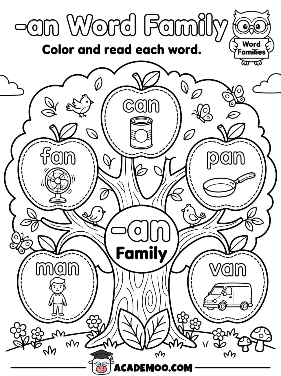 -an Word Family worksheet kindergarten language arts printable PDF · Color and read each -an word on the apple tree: can, fan, pan, man, van.