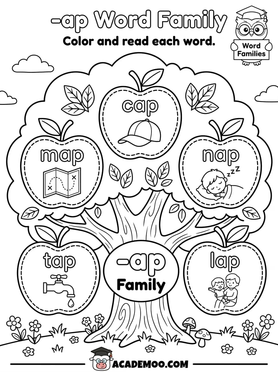 -ap Word Family worksheet kindergarten language arts printable PDF · Color and read each -ap word on the apple tree: cap, map, nap, tap, lap.