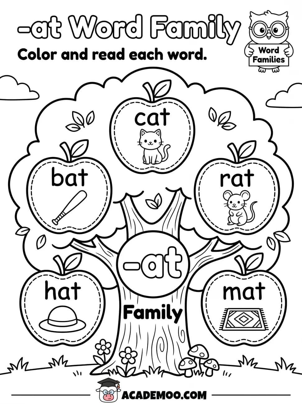 -at Word Family worksheet kindergarten language arts printable PDF · Color and read each -at word on the apple tree: cat, bat, rat, hat, mat.