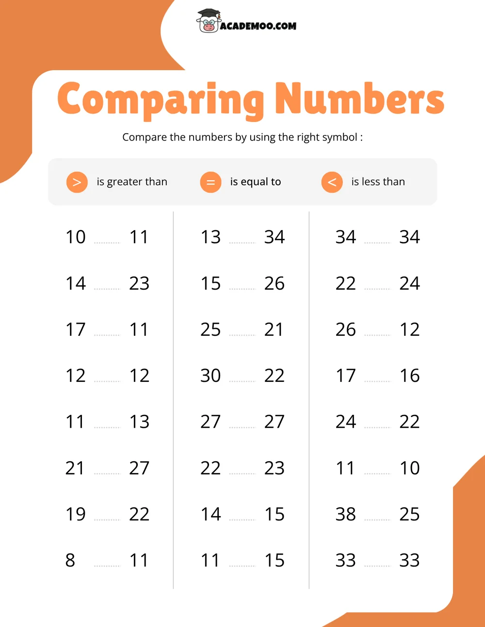 Comparing Numbers worksheet 1st grade math printable PDF · Printable comparing numbers worksheet for 1st Grade.