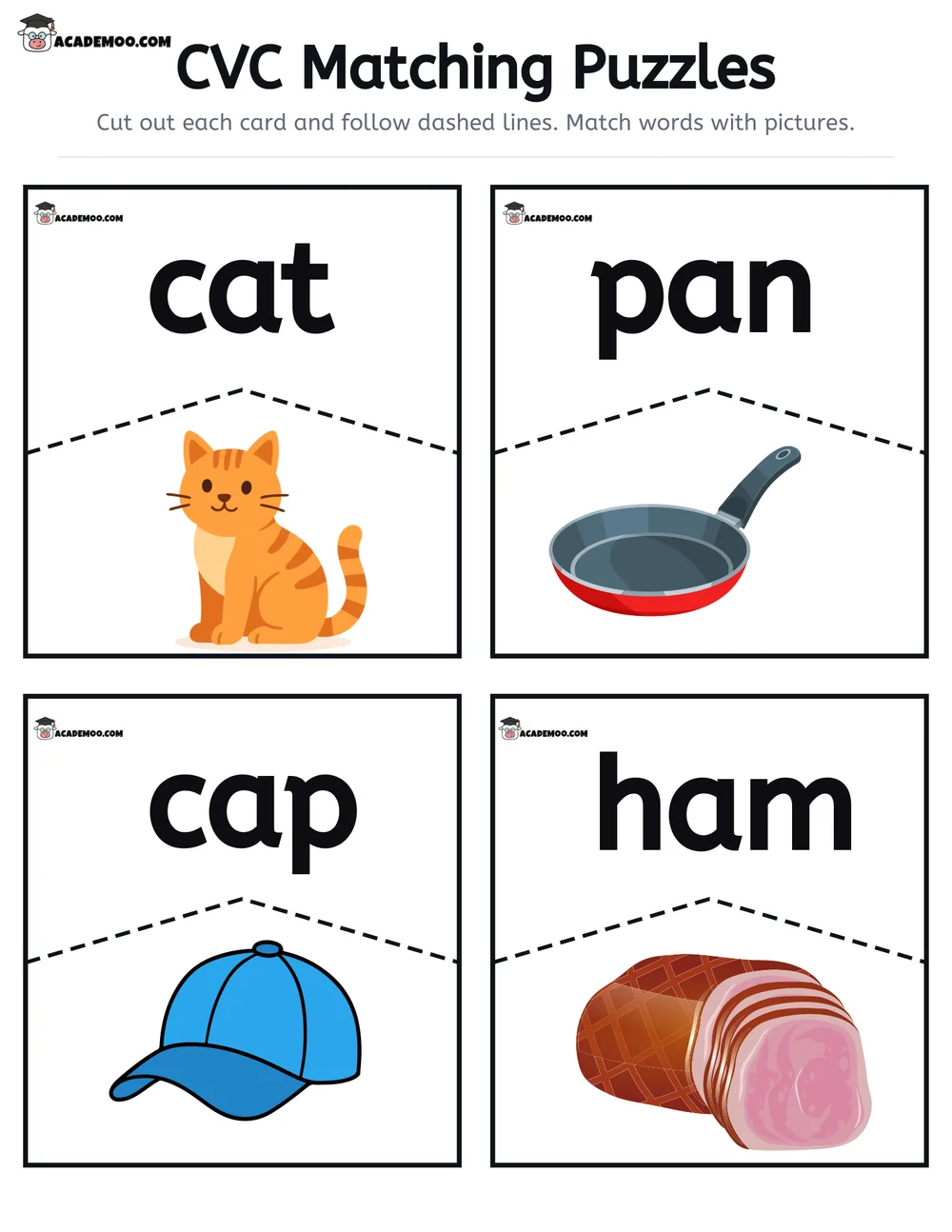 CVC Matching Puzzles worksheet kindergarten language arts printable PDF · Free printable CVC matching puzzles worksheet pack for Kindergarten.