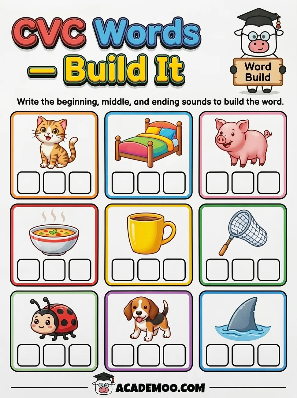 CVC Words Build It worksheet kindergarten language arts printable PDF · Printable cvc words build it worksheet for Kindergarten.