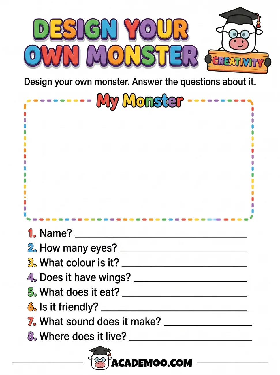 Design Your Own Monster worksheet kindergarten language arts printable PDF · Printable design your own monster worksheet for Kindergarten.
