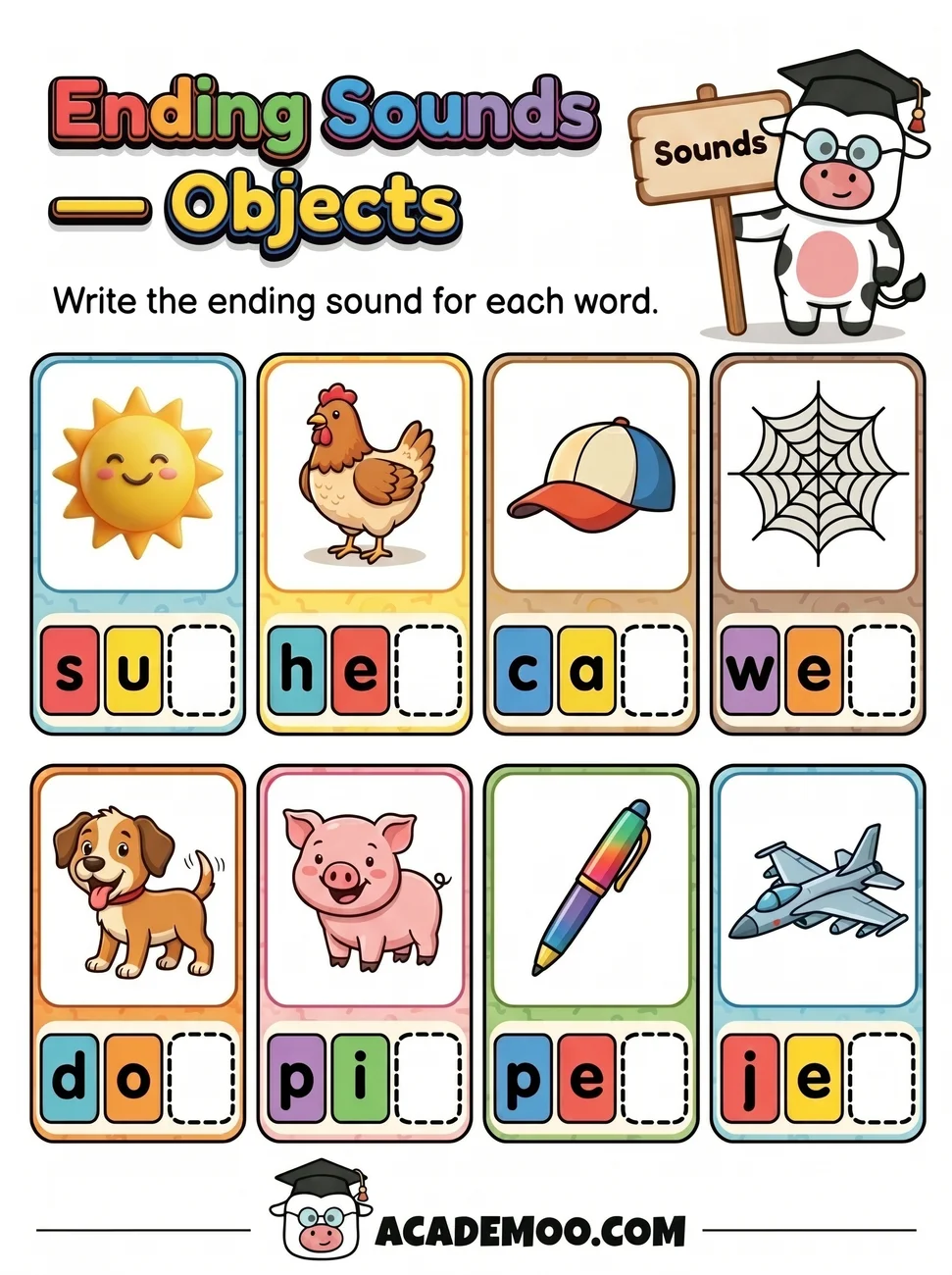 Ending Sounds Objects worksheet kindergarten language arts printable PDF · Printable ending sounds objects worksheet for Kindergarten.