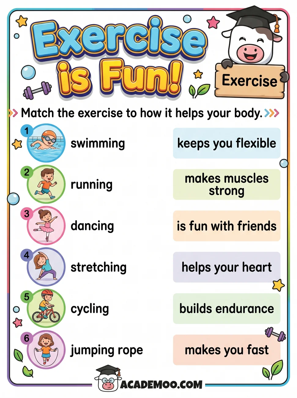 Exercise Is Fun worksheet 1st grade science printable PDF · Free printable exercise is fun worksheet for 1st Grade.