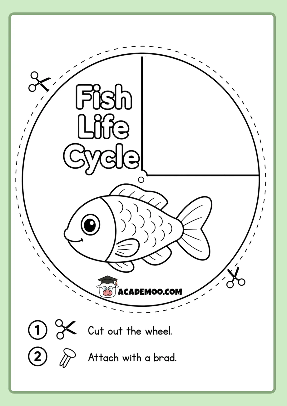 Fish Life Cycle Wheel worksheet 1st grade science printable PDF · Printable fish life cycle wheel worksheet for 1st Grade.