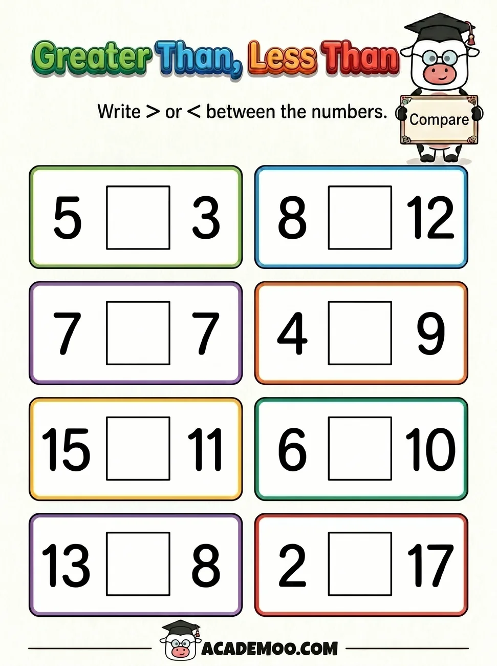 Greater Than Less Than worksheet 1st grade math printable PDF · Free printable greater than less than worksheet for 1st Grade.