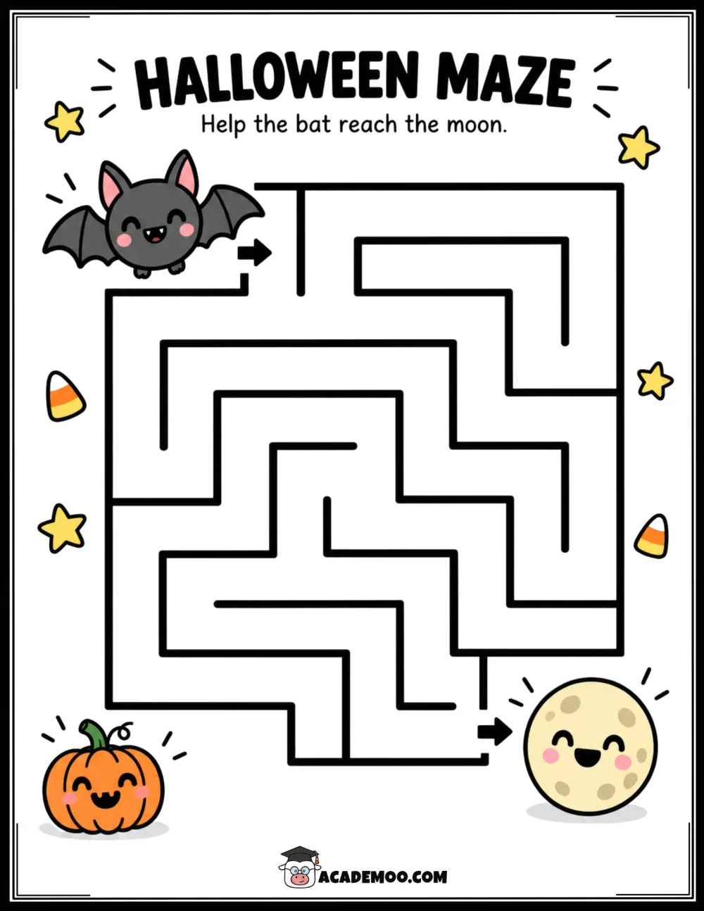 Halloween Bat Maze worksheet pre-k math printable PDF · Printable halloween bat maze worksheet for Pre-K.