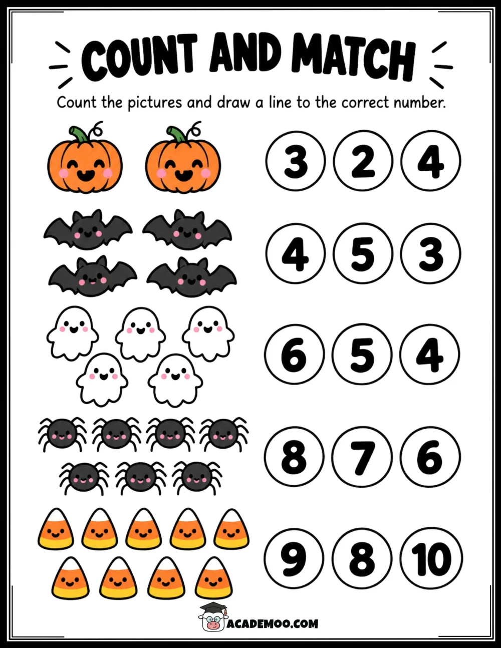 Halloween Count and Match worksheet pre-k math printable PDF · Printable halloween count and match worksheet for Pre-K.