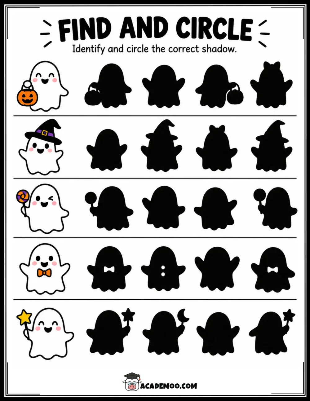 Halloween Shadows: Find and Circle worksheet pre-k math printable PDF · Printable halloween shadows: find and circle worksheet for Pre-K.