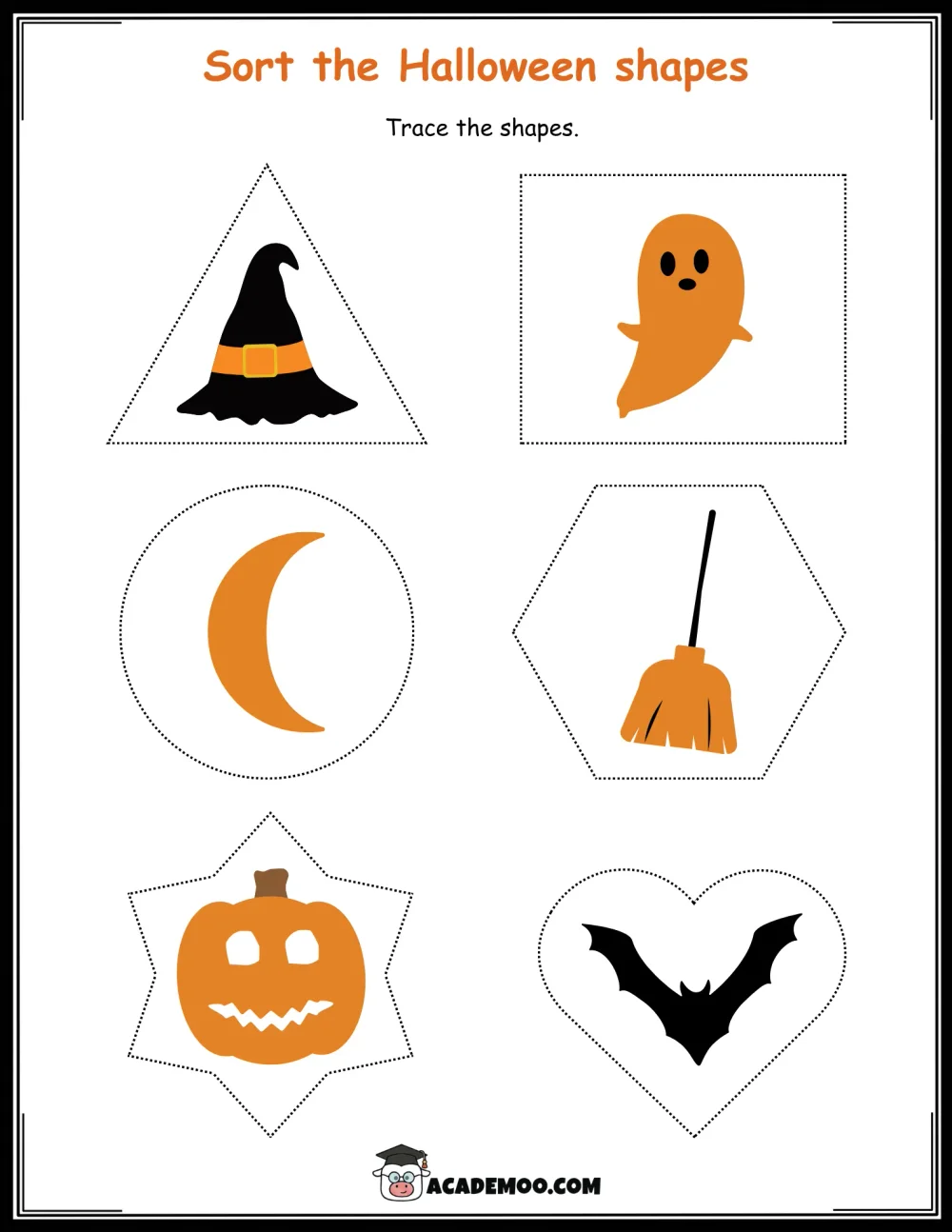 Halloween Sort the Halloween Shapes worksheet pre-k math printable PDF · Printable halloween sort the halloween shapes worksheet for Pre-K.