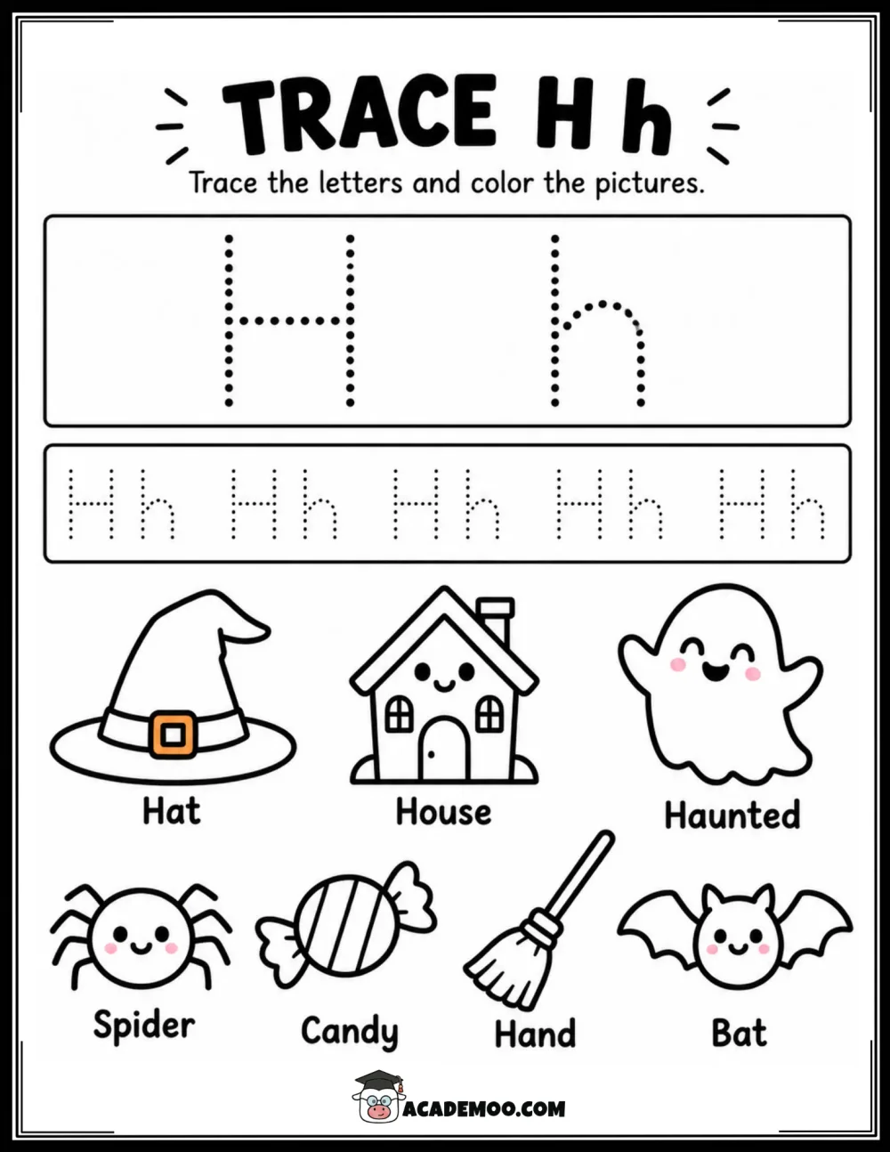 Halloween Trace Hh worksheet kindergarten language arts printable PDF · Printable halloween trace hh worksheet for Kindergarten.