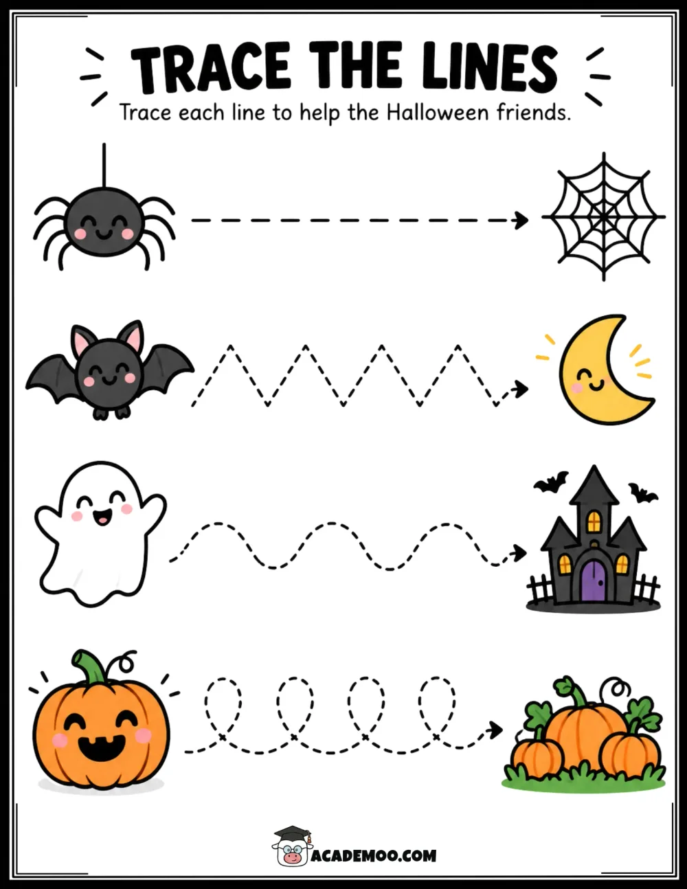 Halloween Trace the Lines to Halloween Friends worksheet pre-k language arts printable PDF · Printable halloween trace the lines to halloween friends worksheet for Pre-K.