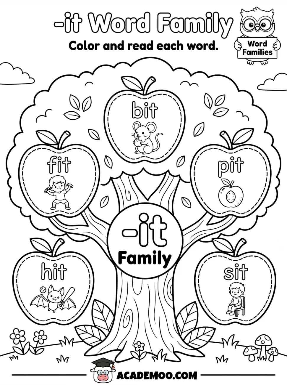 -it Word Family worksheet kindergarten language arts printable PDF · Color and read each -it word on the apple tree: bit, fit, pit, hit, sit.