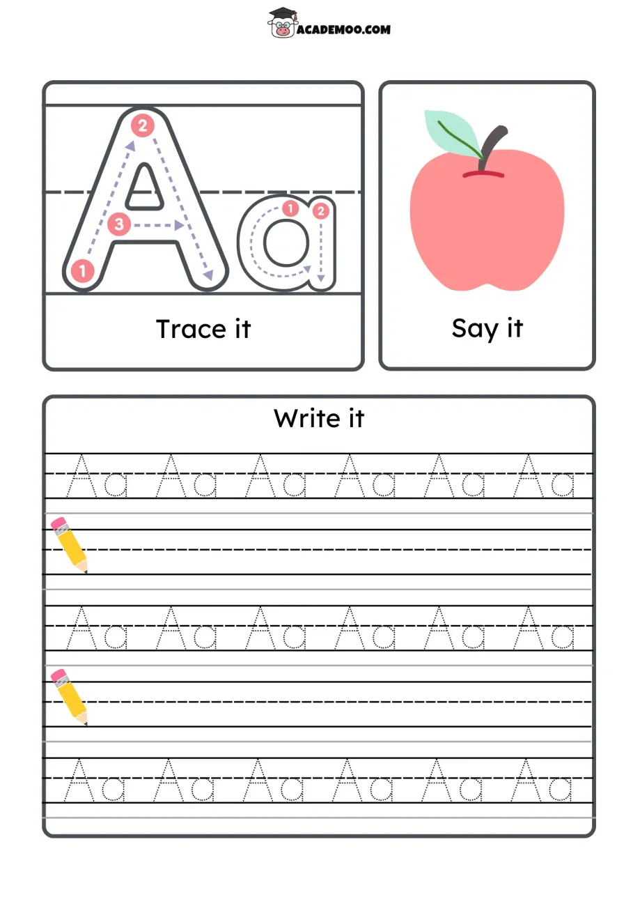 Letter A Trace Say Write worksheet pre-k language arts printable PDF · Printable letter a trace say write worksheet for Pre-K.