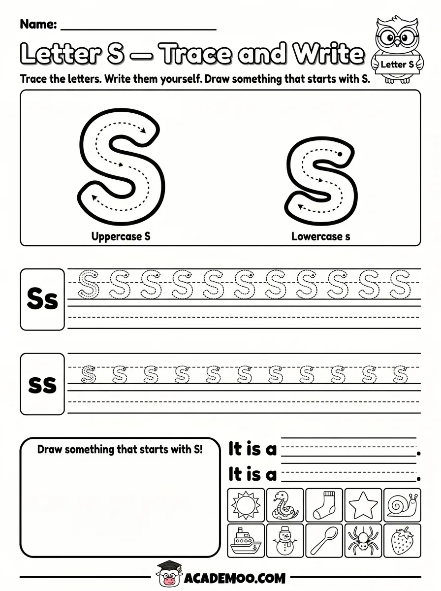 Letter S Trace and Write worksheet pre-k language arts printable PDF · Printable letter s trace and write worksheet for Pre-K.