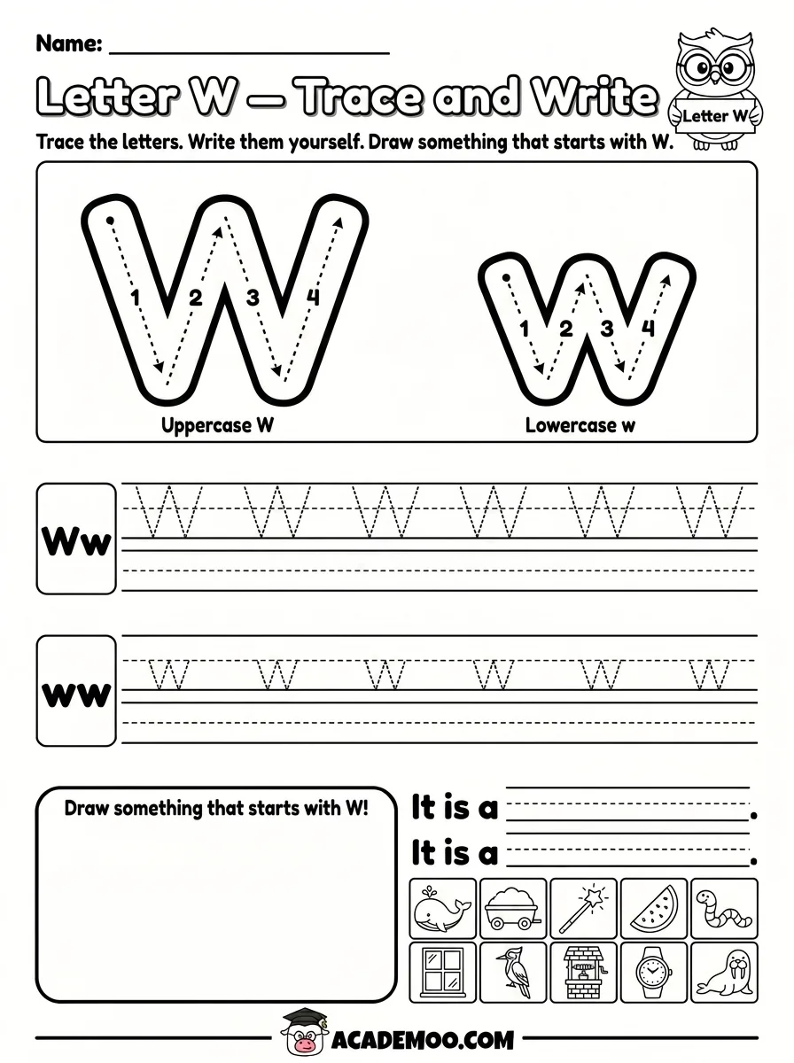 Letter W Trace and Write worksheet pre-k language arts printable PDF · Printable letter w trace and write worksheet for Pre-K.
