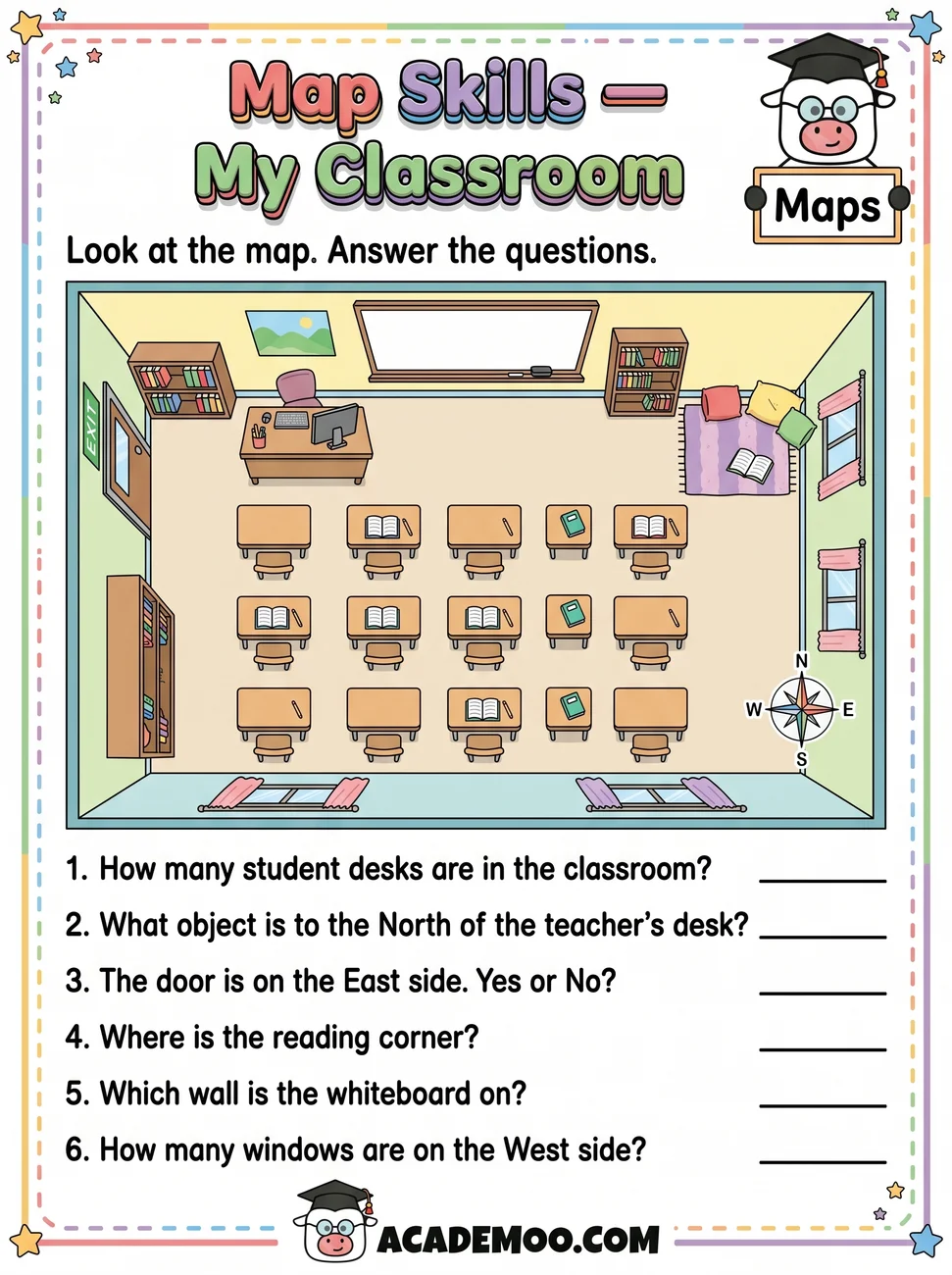 Map Skills My Classroom worksheet 1st grade language arts printable PDF · Free printable map skills my classroom worksheet for 1st Grade.