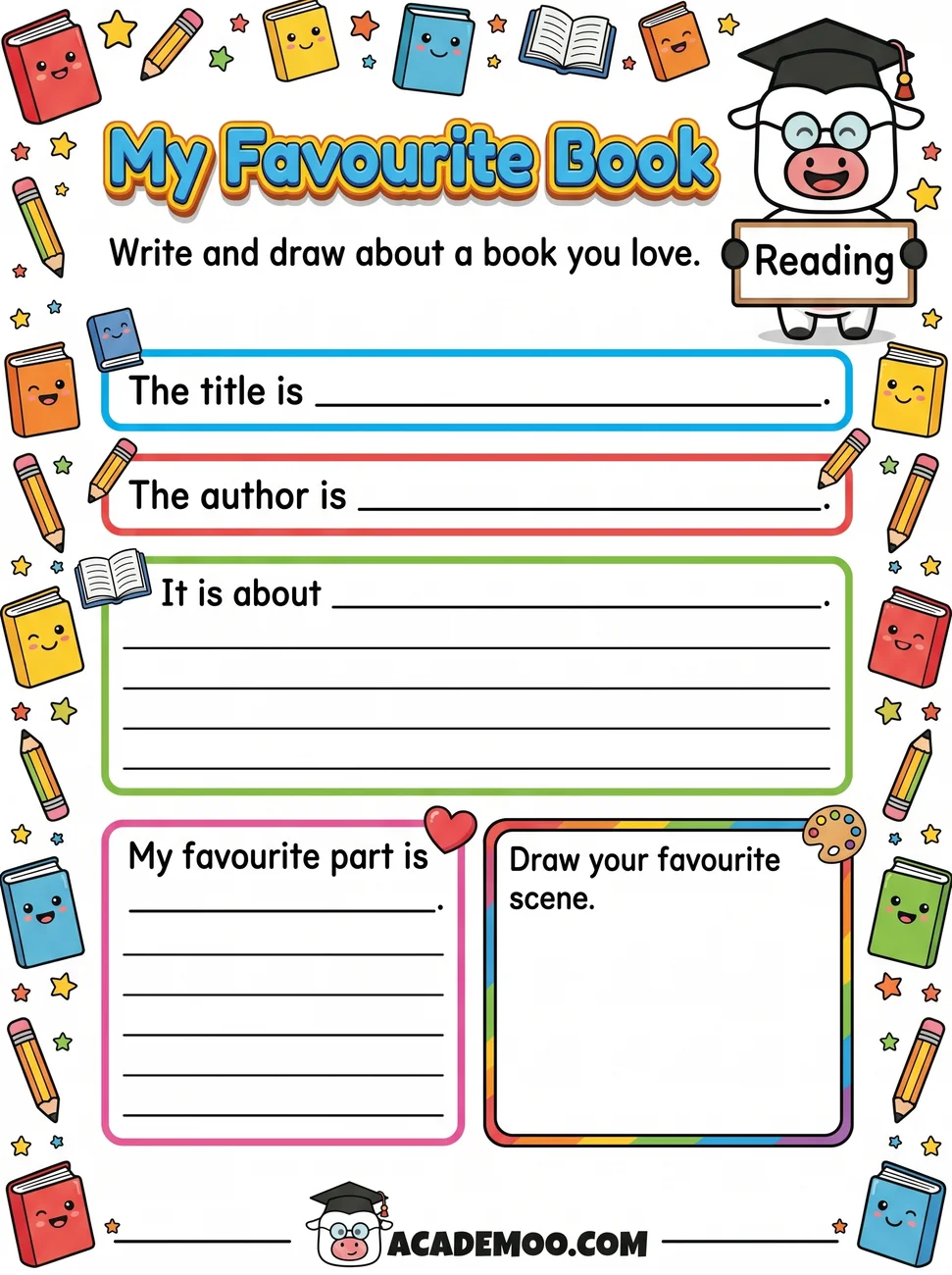 My Favorite Book worksheet 1st grade language arts printable PDF · Free printable my favorite book worksheet for 1st Grade.