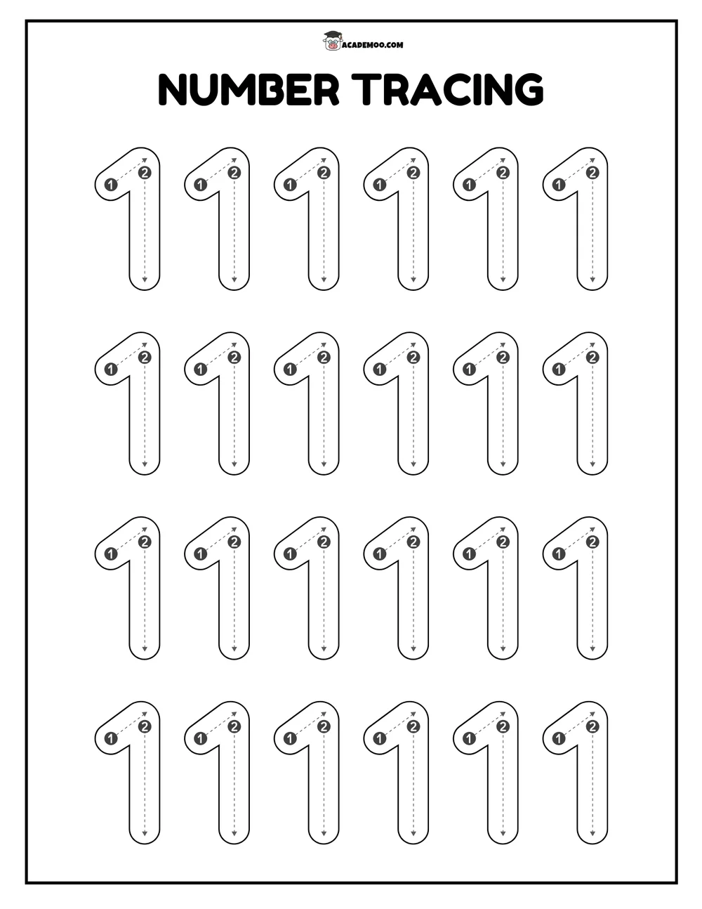Number 1 Tracing worksheet pre-k math printable PDF · Printable number 1 tracing worksheet for Pre-K.