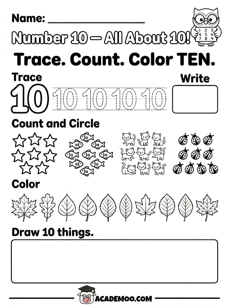 Number 10 All About 10 worksheet kindergarten math printable PDF · Printable number 10 all about 10 worksheet for Kindergarten.