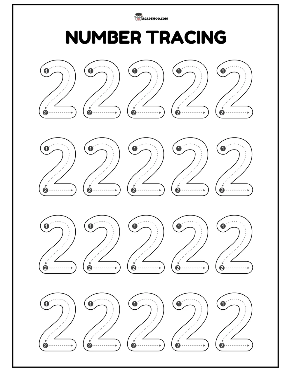 Number 2 Tracing worksheet pre-k math printable PDF · Printable number 2 tracing worksheet for Pre-K.