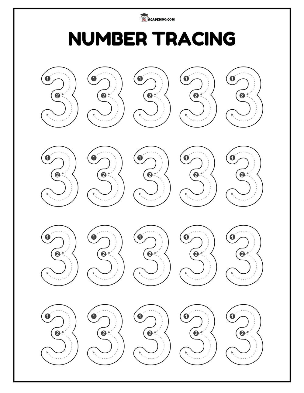 Number 3 Tracing worksheet pre-k math printable PDF · Printable number 3 tracing worksheet for Pre-K.