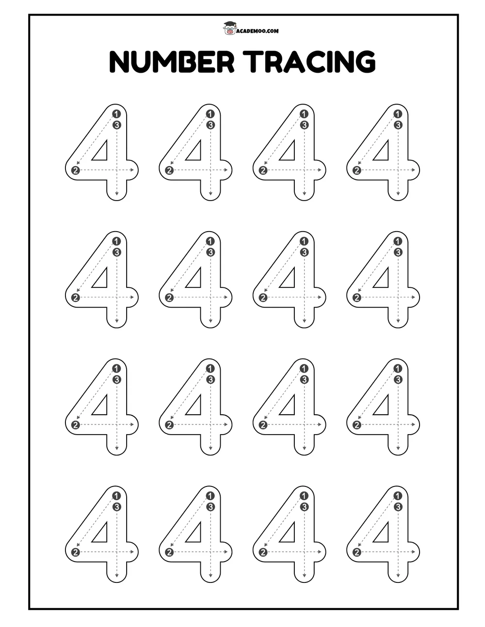 Number 4 Tracing worksheet pre-k math printable PDF · Printable number 4 tracing worksheet for Pre-K.