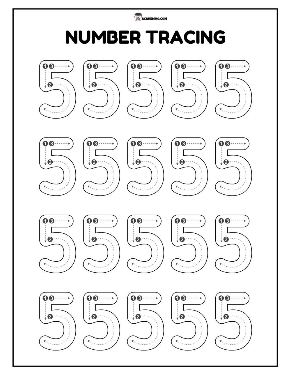 Number 5 Tracing worksheet pre-k math printable PDF · Printable number 5 tracing worksheet for Pre-K.