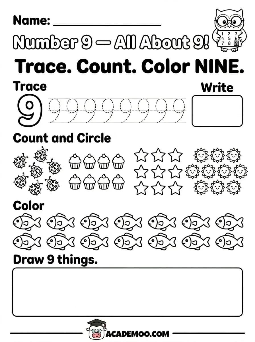 Number 9 All About 9 worksheet kindergarten math printable PDF · Printable number 9 all about 9 worksheet for Kindergarten.