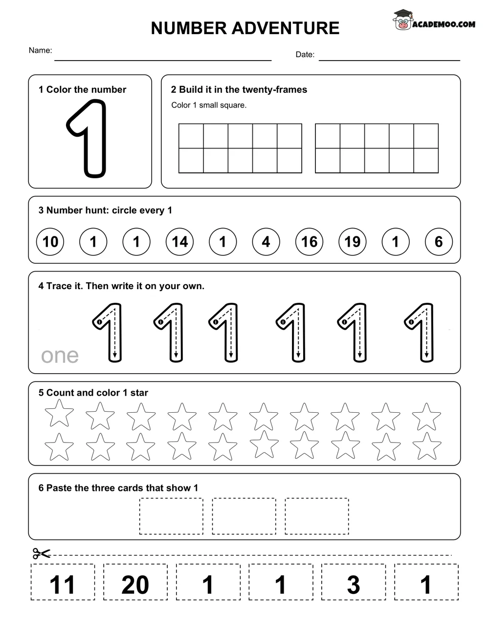 Number Adventure 1-20 Worksheets worksheet kindergarten math printable PDF · Printable number adventure 1-20 worksheets for Kindergarten.