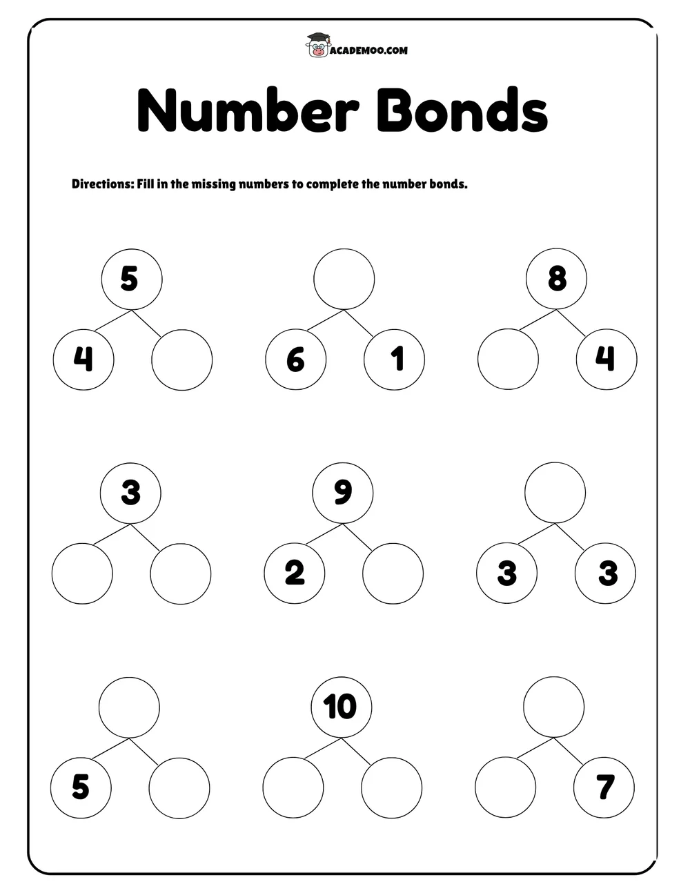 Number Bonds worksheet kindergarten math printable PDF · Printable number bonds worksheet for Kindergarten.