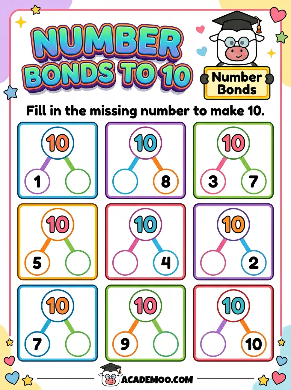 Number Bonds to 10 worksheet kindergarten math printable PDF · Free printable number bonds to 10 worksheet for Kindergarten.