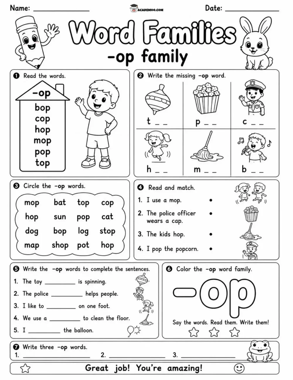 OP Word Family Practice worksheet kindergarten language arts printable PDF · Printable op word family practice worksheet for Kindergarten.